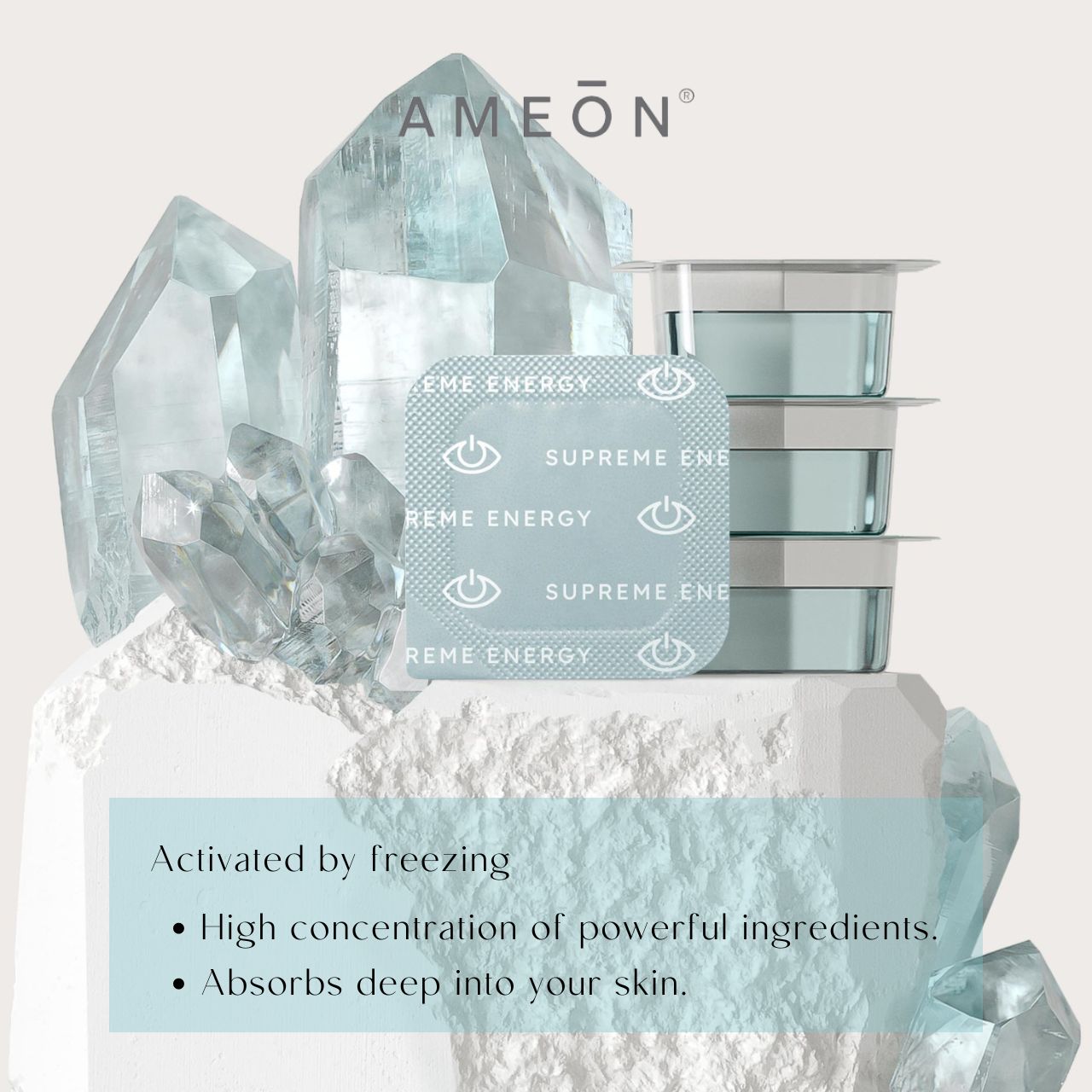 AMEON 🇺🇸 FROZEN TREATMENT ESSENCE – Supreme Energy & White Quartz Gua Sha Tool